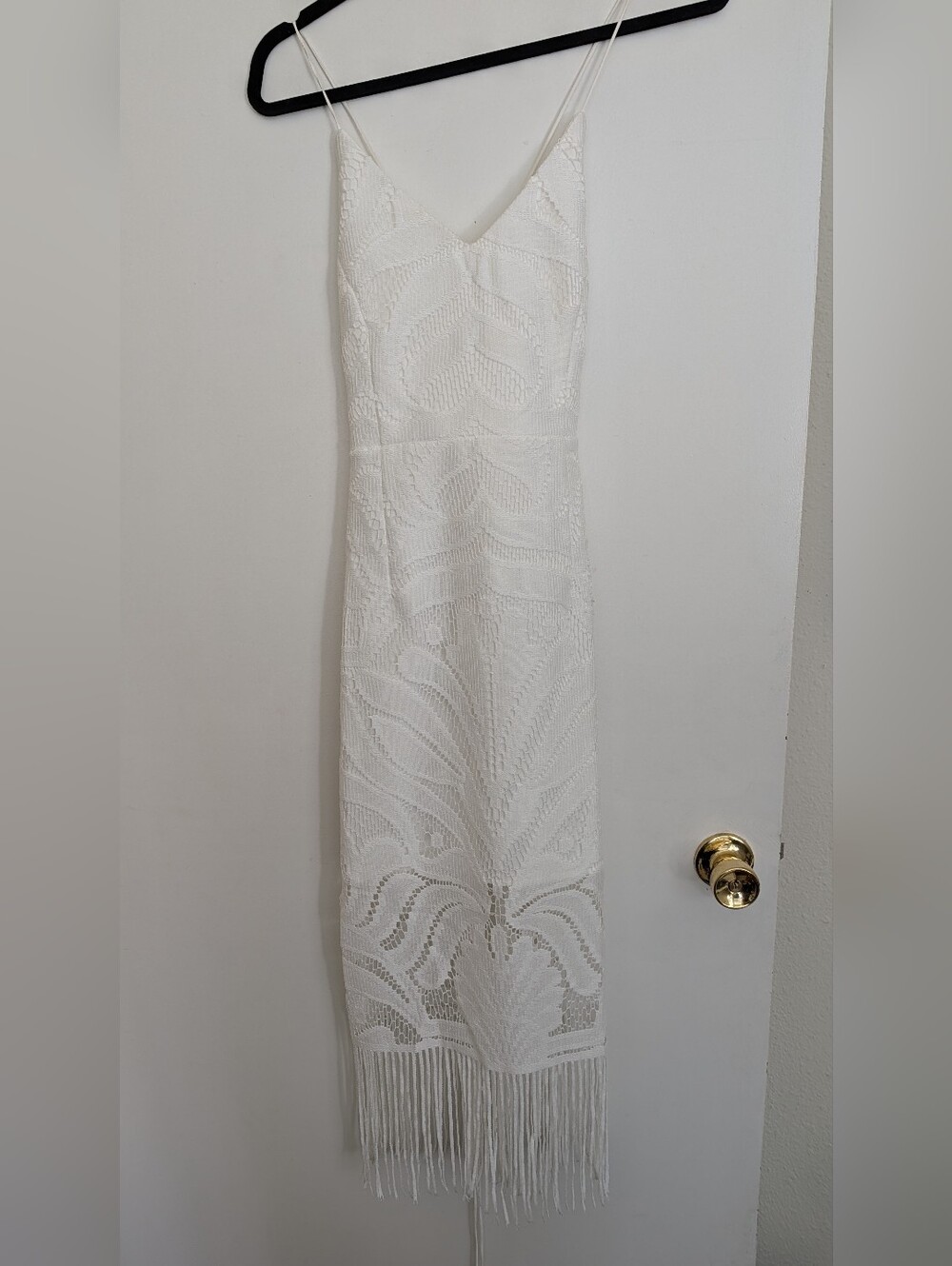 White Crochet Midi Dress with Fringe Hem